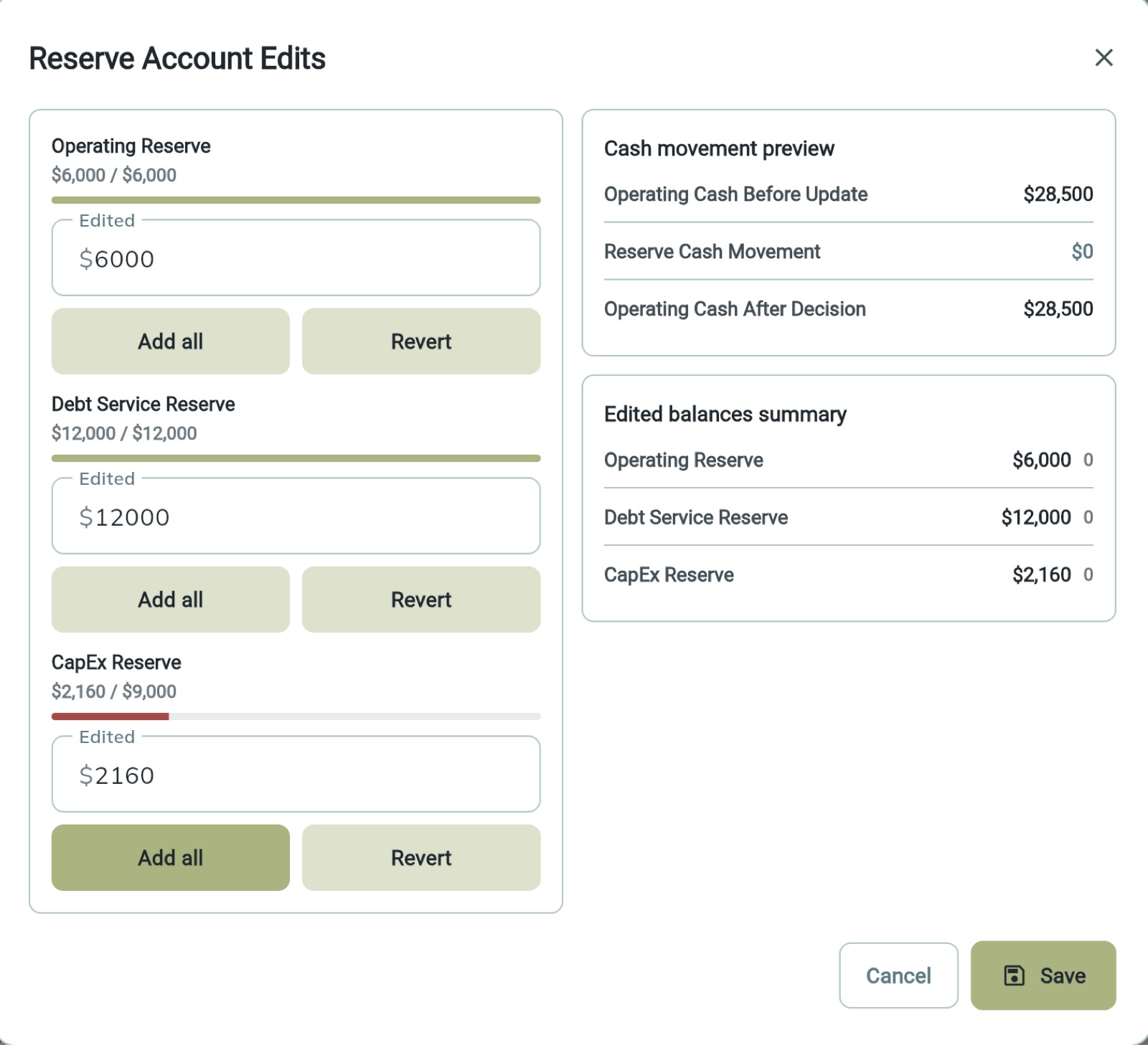 Reserve account edits with live cash-movement preview