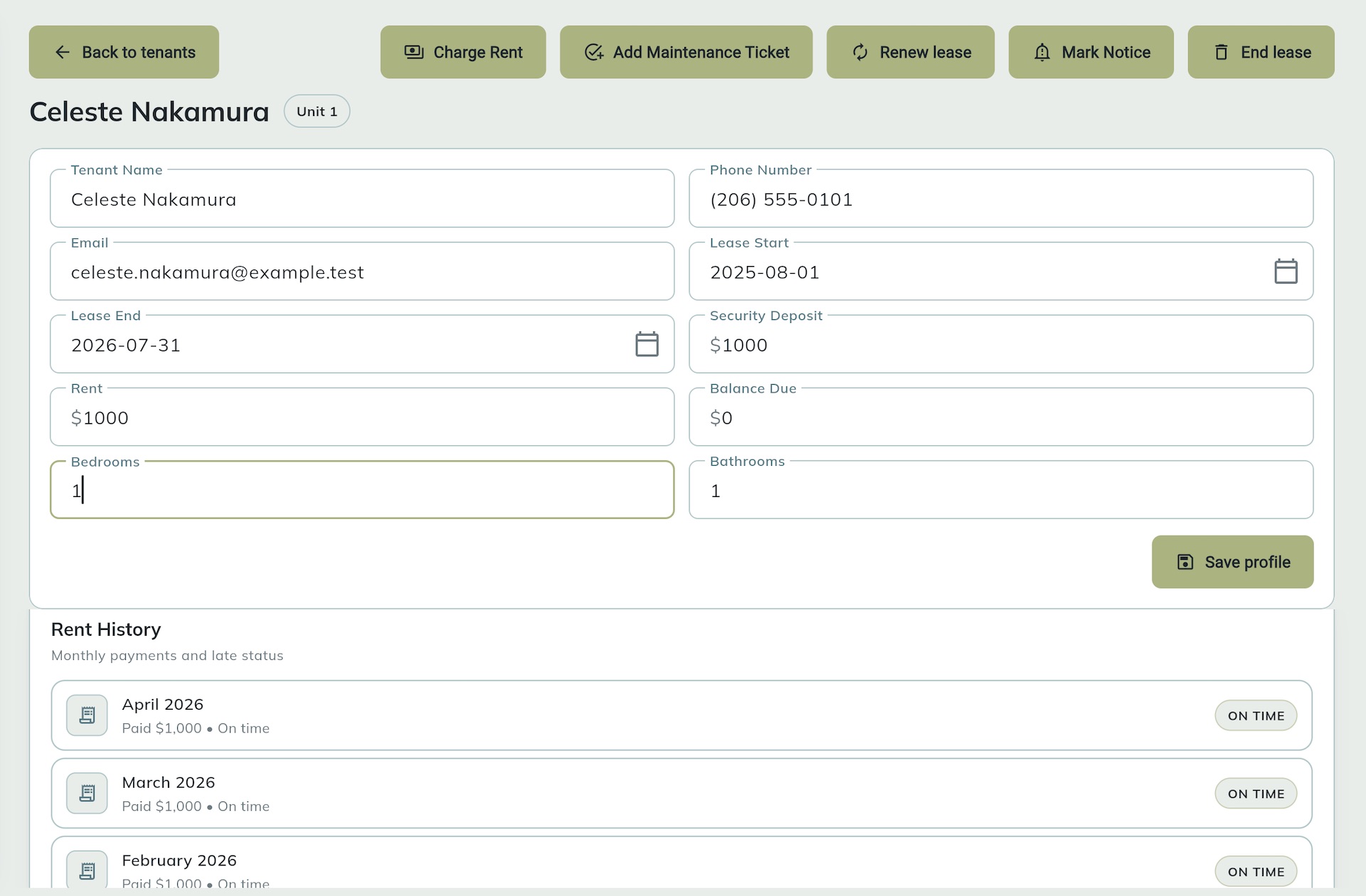 Tenant detail view with charge rent, renew lease, end lease actions and rent history